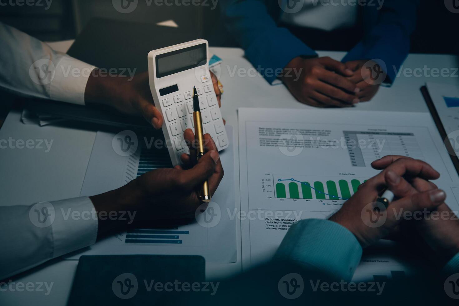 Business team meeting present, investor colleagues consultation and conference new strategy plan business and market growth on financial document graph report, Meeting and Talking. photo