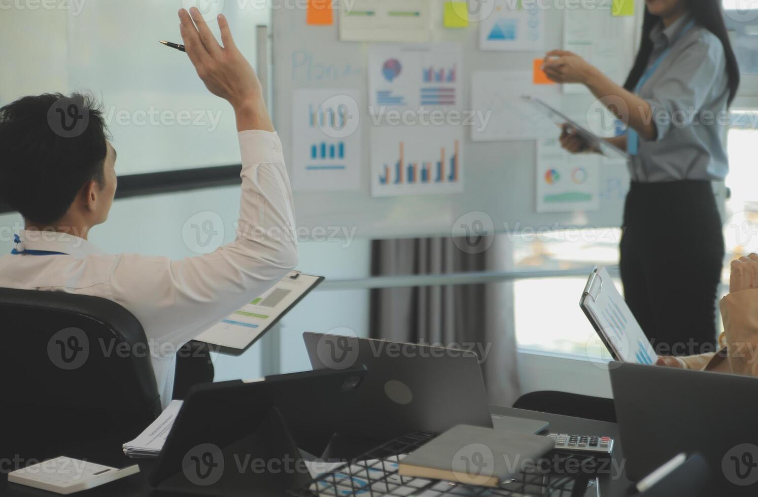 Business team collaboration discussing working analyzing with financial data and marketing growth report graph in team, presentation and brainstorming to strategy planning making profit of company. photo