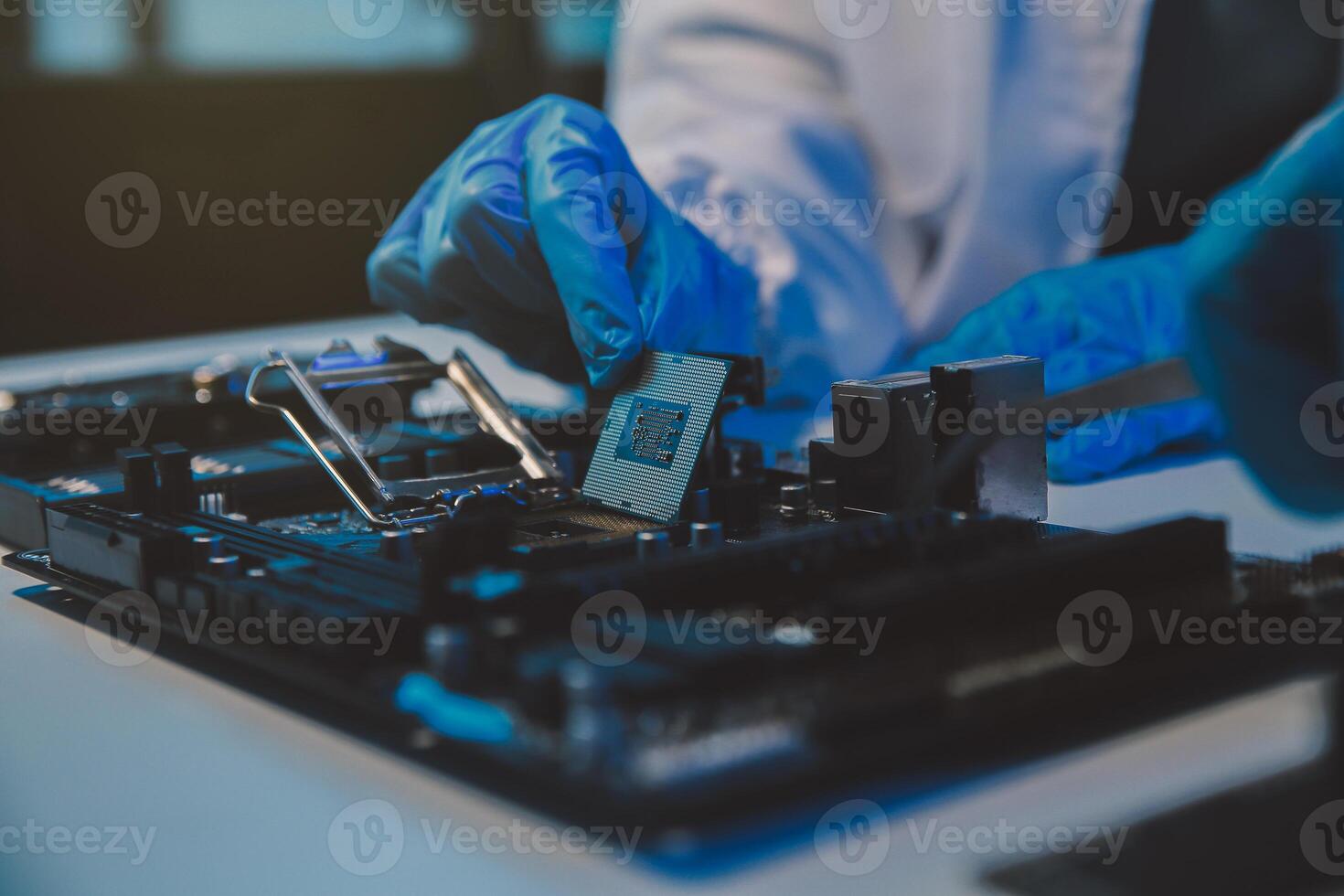 Close up of Technician measuring voltage electronic circuit board television, Service after sale fix electric equipment within insurance. photo
