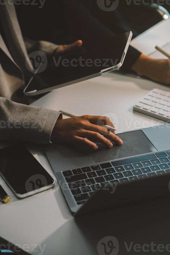Team of business people working together in the meeting room office, teamwork background charts and graphs banner, double exposure successful teamwork,business planning concept. photo