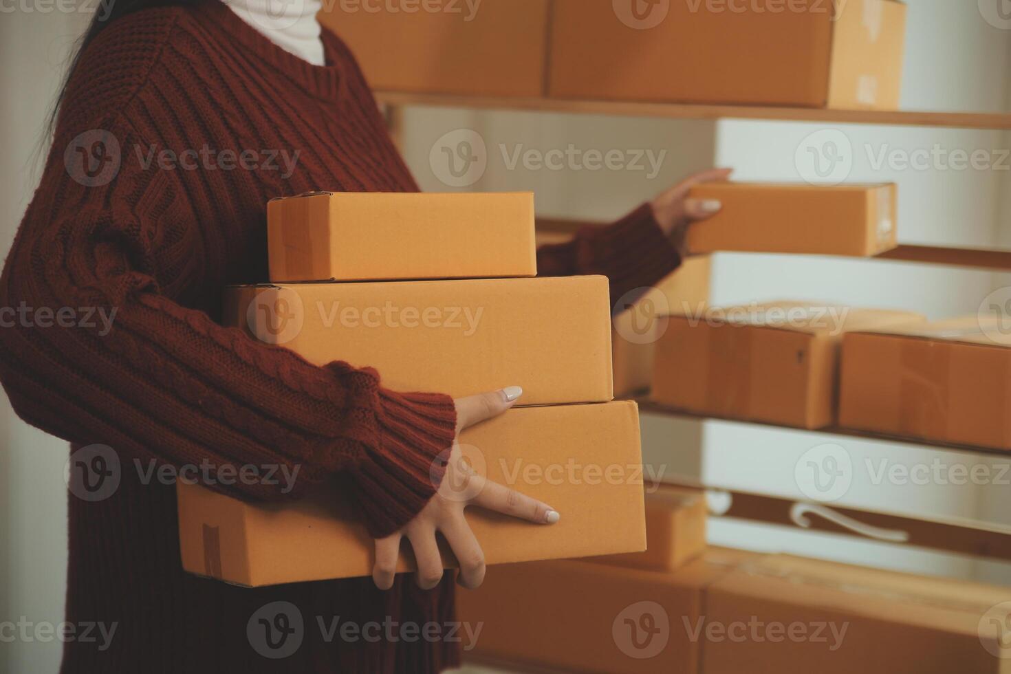 Portrait of young business asian woman online working in office desk use computer copyspace. Success business people employee, freelance SME online marketing work at home, coworking space concept photo