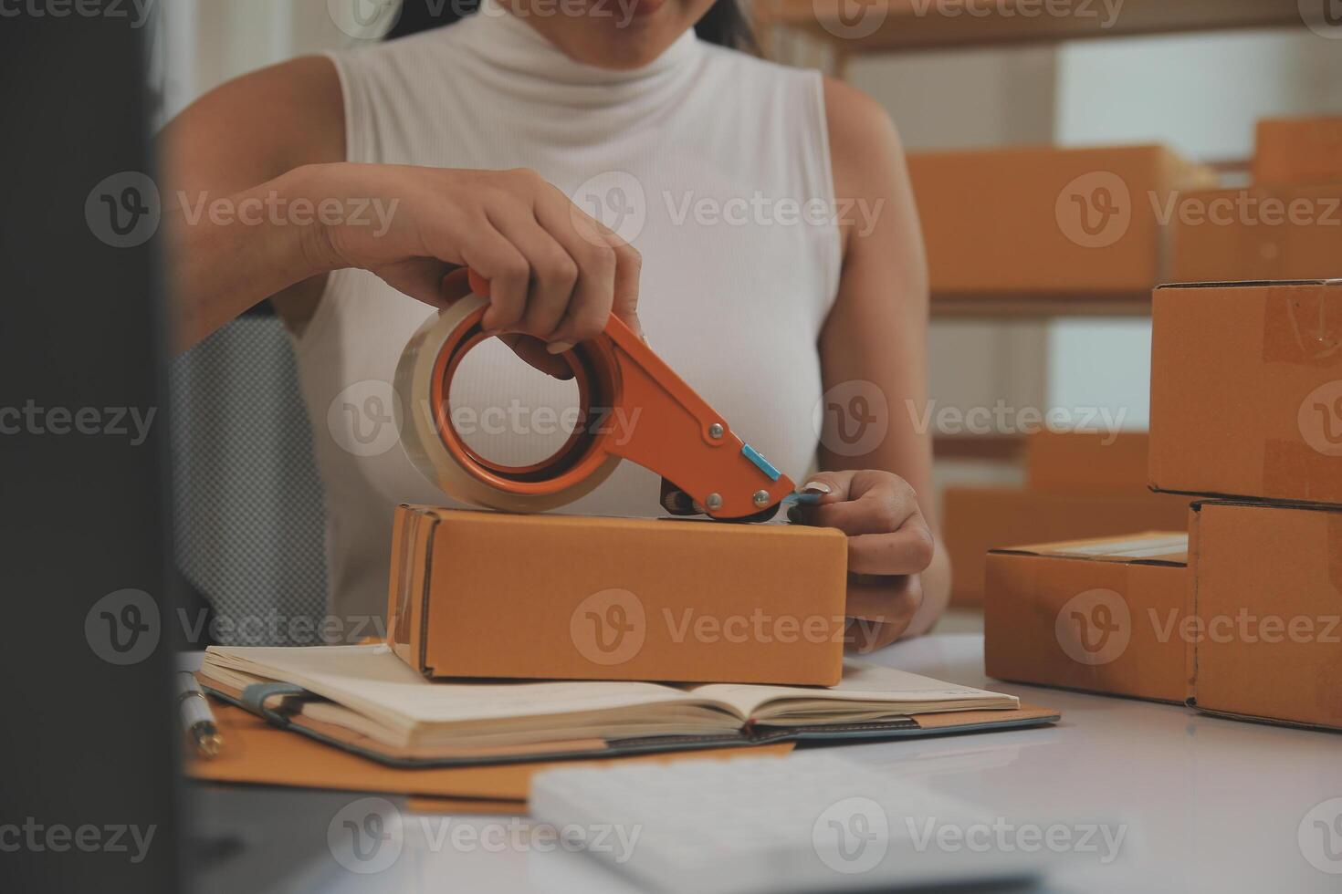 Portrait of young business asian woman online working in office desk use computer copyspace. Success business people employee, freelance SME online marketing work at home, coworking space concept photo