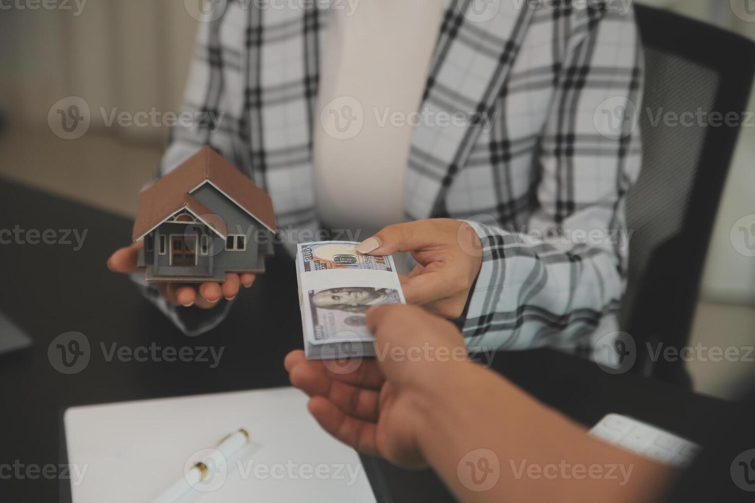 buy or sell real estate mortgage, Sale representative offer house purchase contract to buy a house or apartment and mortgage Money and Financial Concepts photo