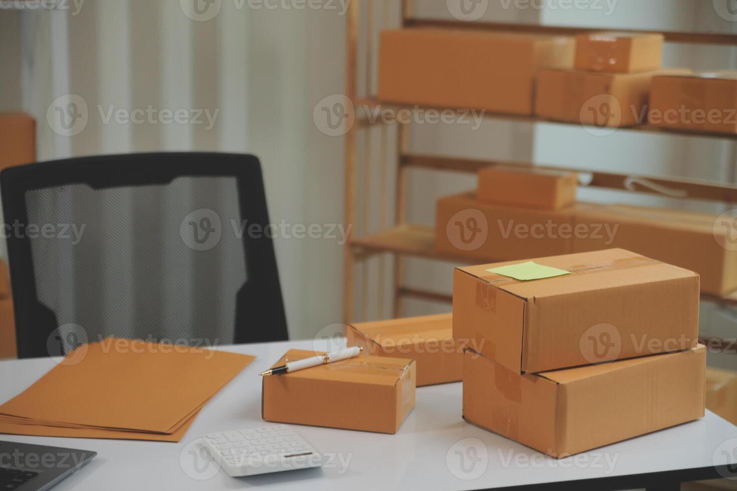 Portrait of young business asian woman online working in office desk use computer copyspace. Success business people employee, freelance SME online marketing work at home, coworking space concept photo
