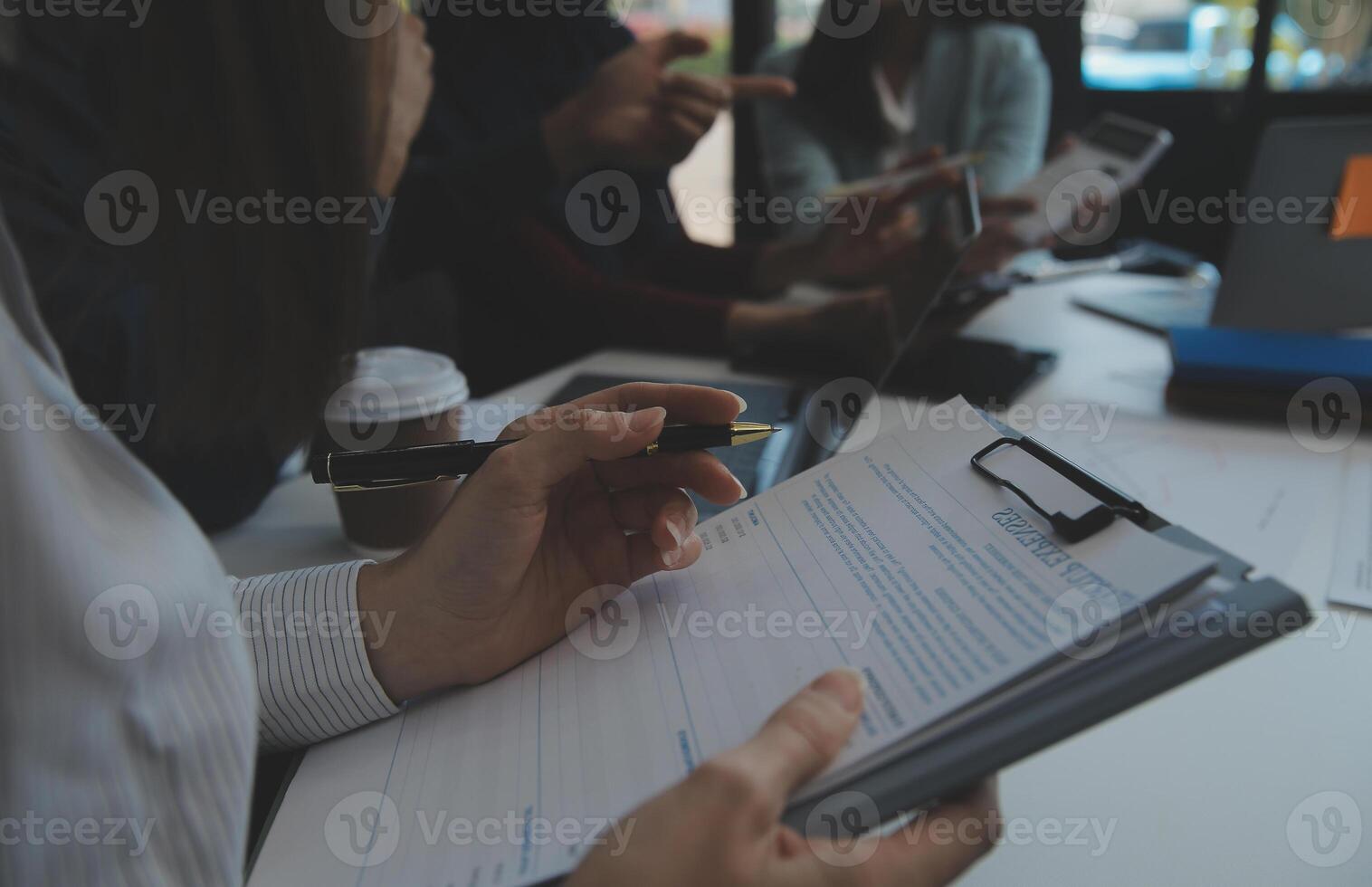 Team of business people working together in the meeting room office, teamwork background charts and graphs banner, double exposure successful teamwork,business planning concept. photo