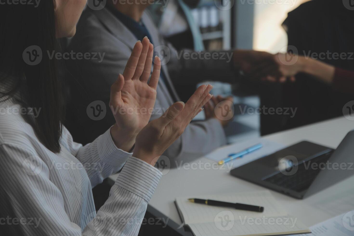 Business people shaking hands after meeting. colleagues handshaking after conference. Greeting deal, teamwork partnership cooperate concept. photo