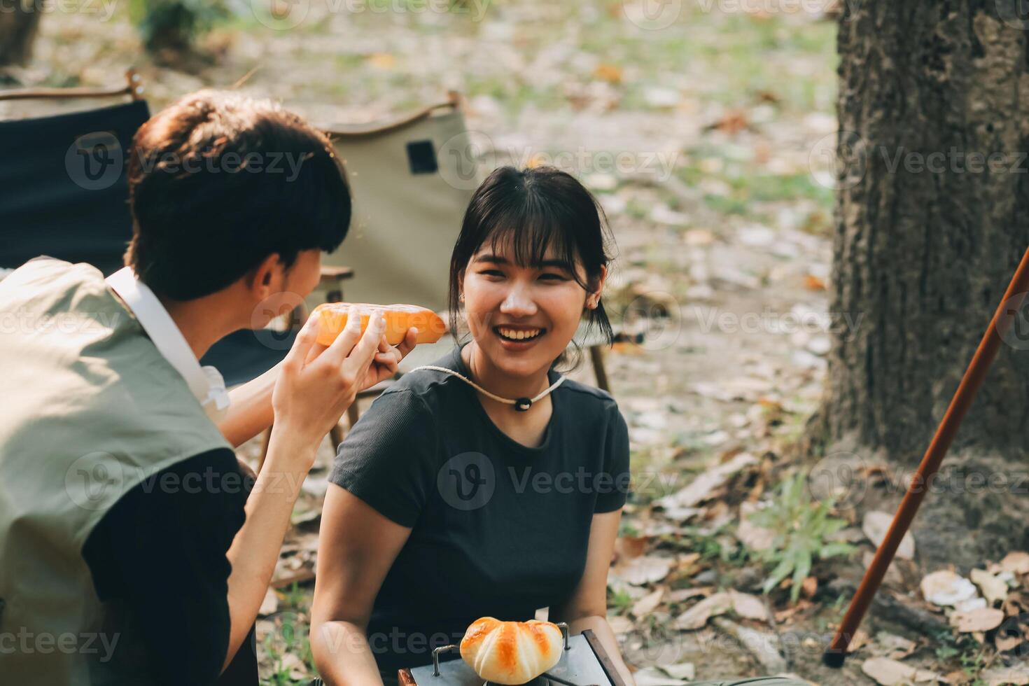Asian couple sweet in tent inside on they camping trip, traveller relax and sleep togather in out door and camping trip photo