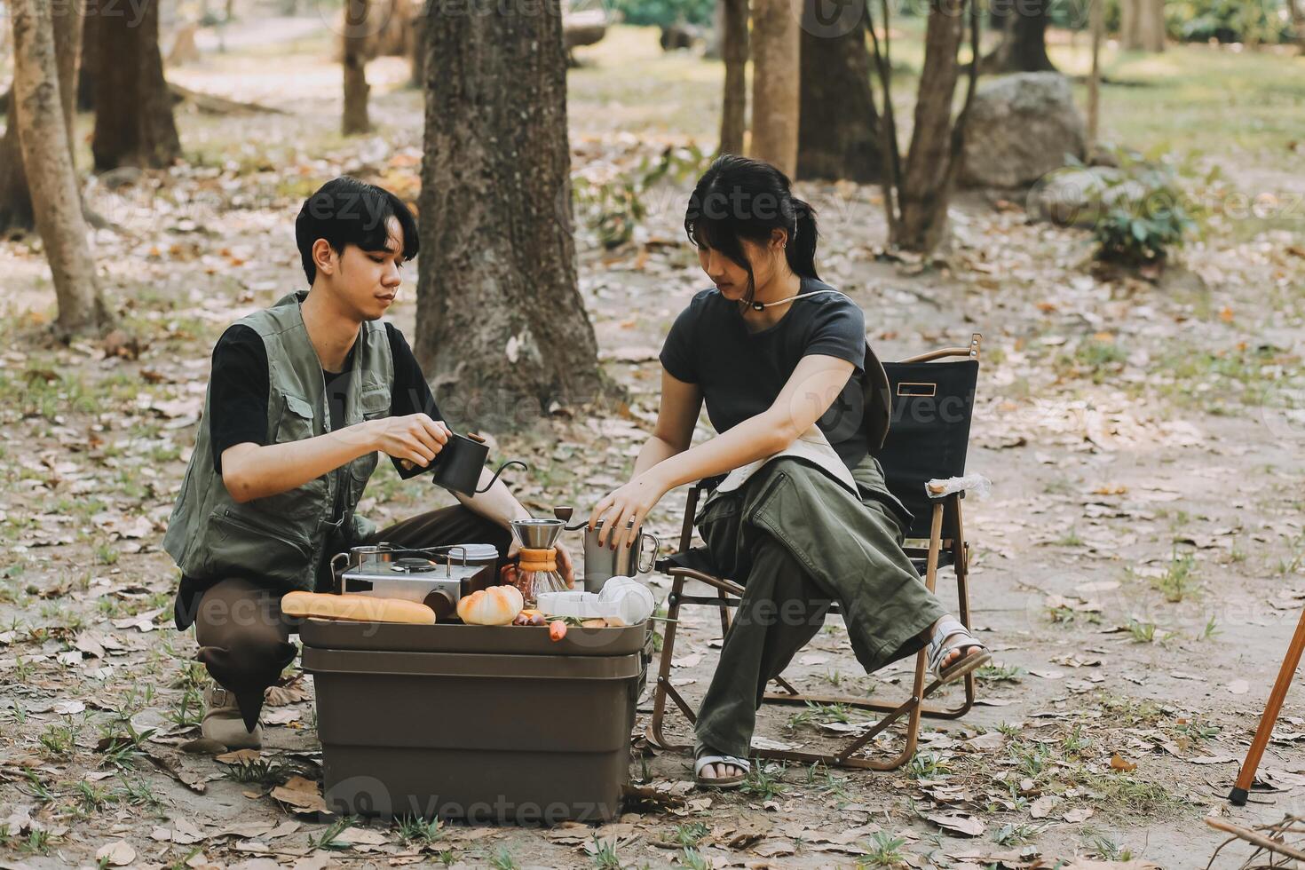 Asian couple sweet in tent inside on they camping trip, traveller relax and sleep togather in out door and camping trip photo