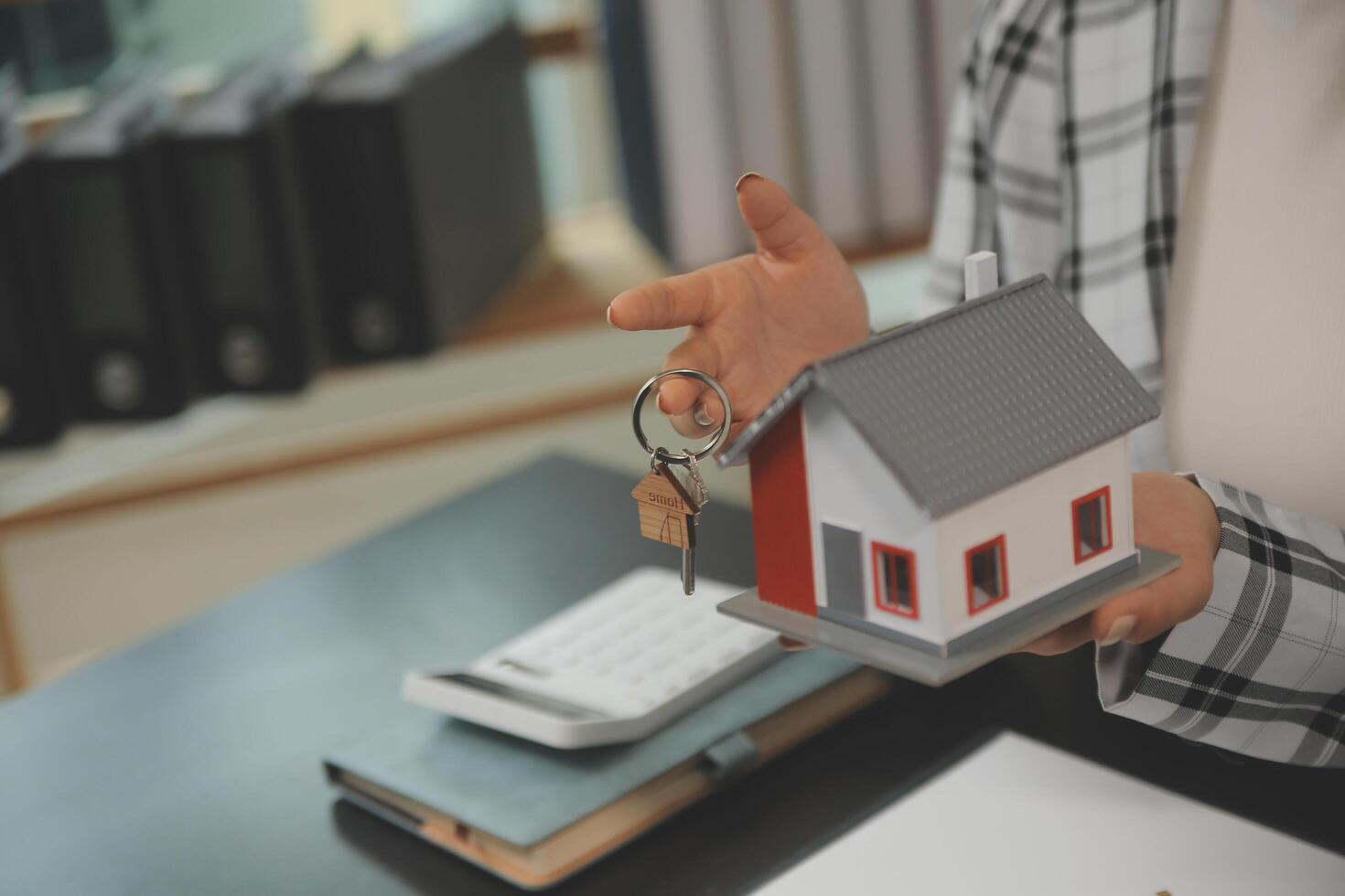 buy or sell real estate mortgage, Sale representative offer house purchase contract to buy a house or apartment and mortgage Money and Financial Concepts photo