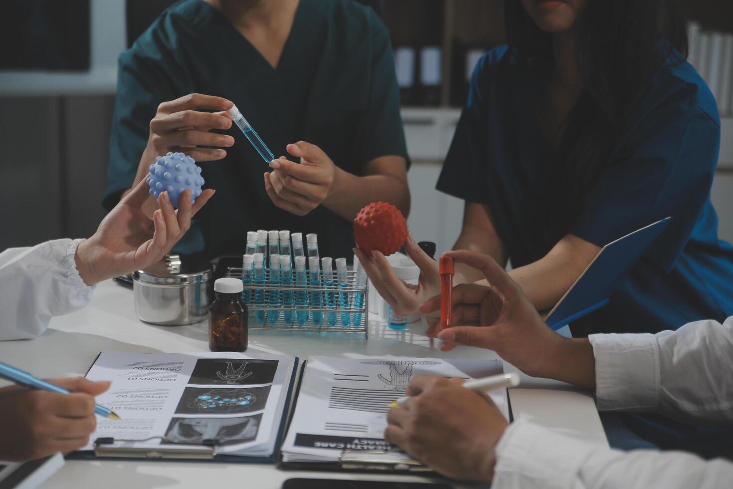 Group of professional medical doctor team meeting training medical in uniform working discussing and talk with patients record, teaching medic team, sit in hospital.health medical care concept photo