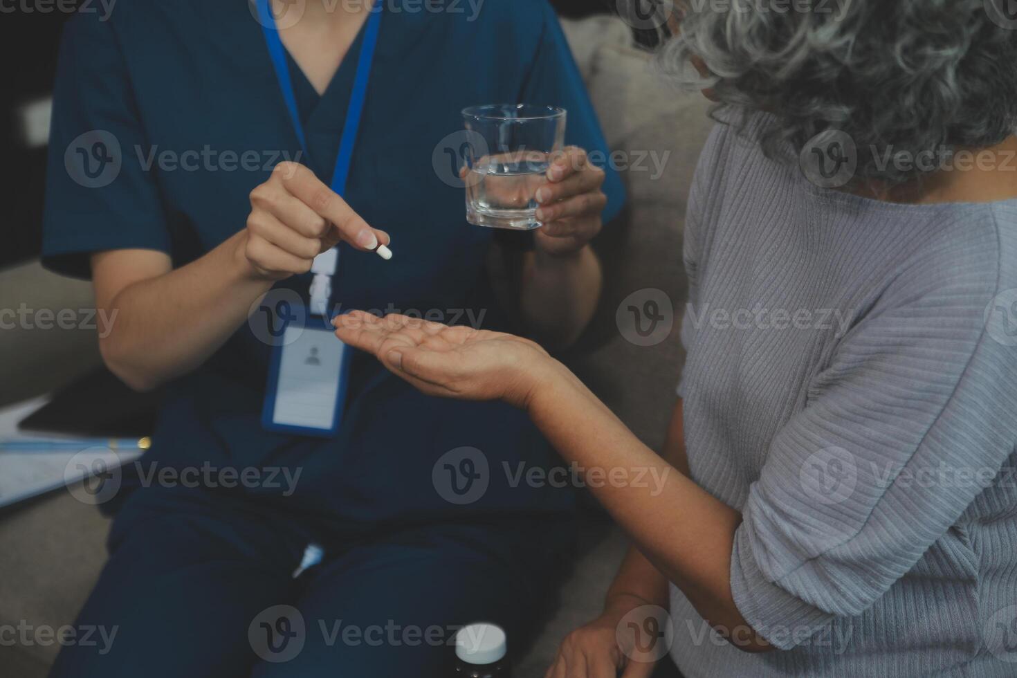 Doctors are giving advice on medication to patients in hospital examination rooms, treating diseases from specialists and providing targeted treatment. Concepts of medical treatment and specialists. photo