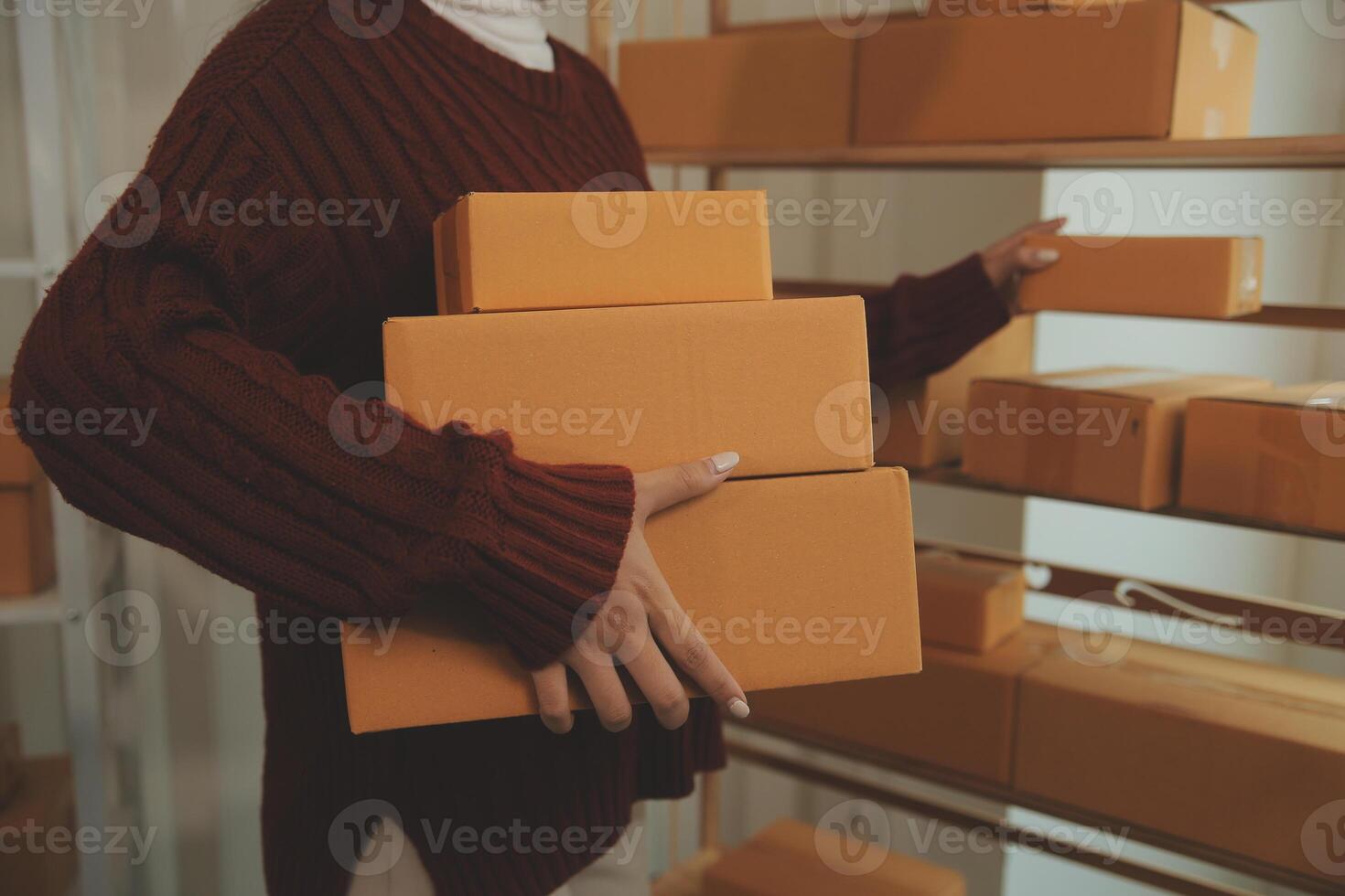 Portrait of young business asian woman online working in office desk use computer copyspace. Success business people employee, freelance SME online marketing work at home, coworking space concept photo