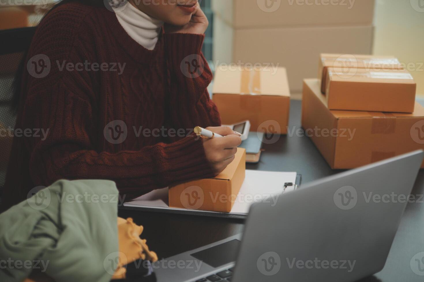 Portrait of young business asian woman online working in office desk use computer copyspace. Success business people employee, freelance SME online marketing work at home, coworking space concept photo