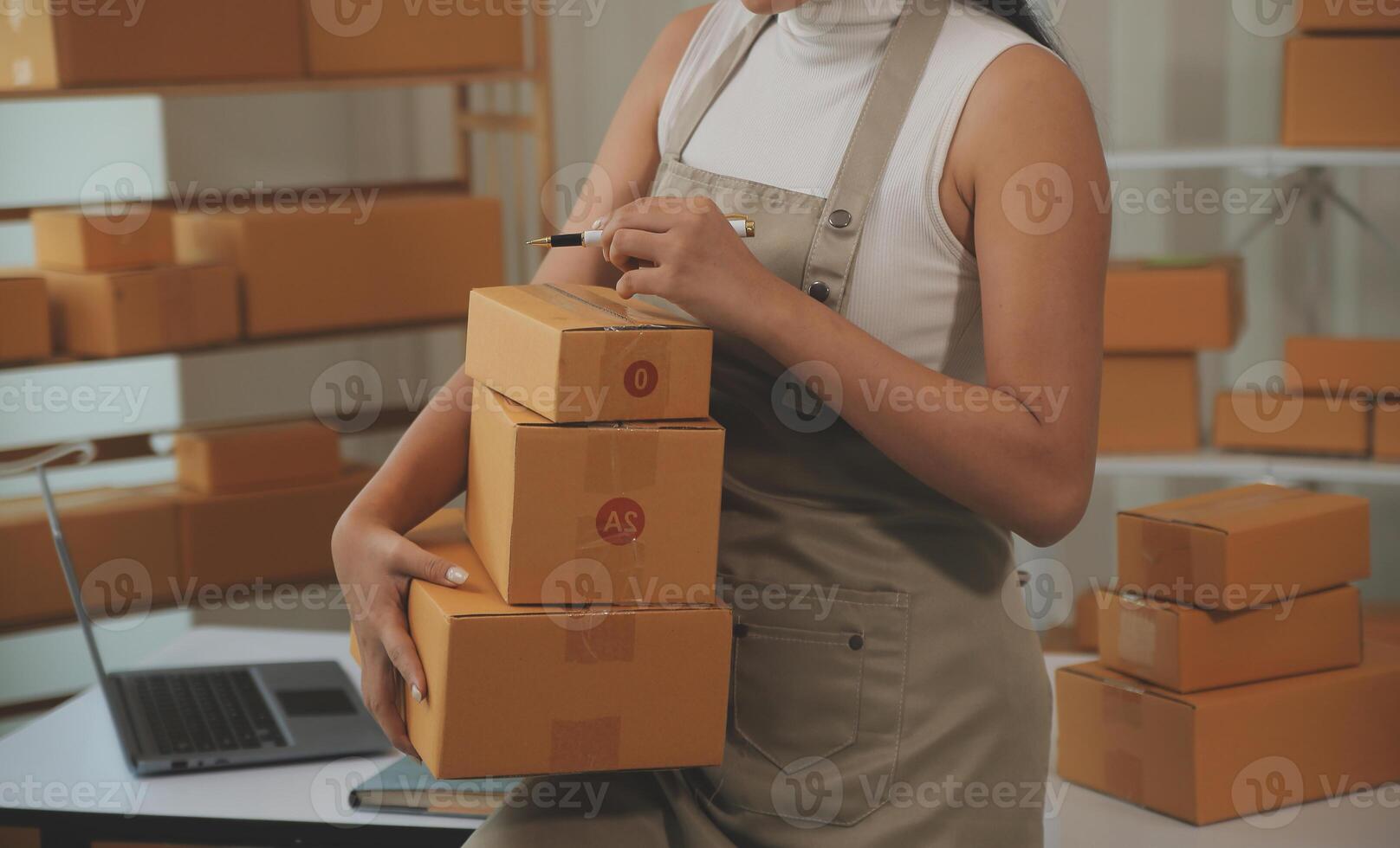 Portrait of young business asian woman online working in office desk use computer copyspace. Success business people employee, freelance SME online marketing work at home, coworking space concept photo