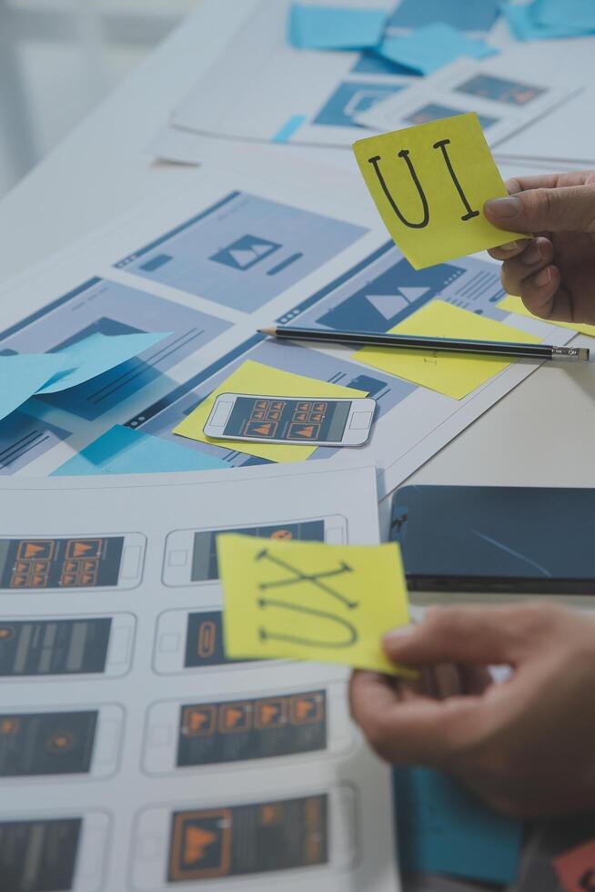 ux Graphic designer creative sketch planning application process development prototype wireframe for web mobile phone . User experience concept. photo