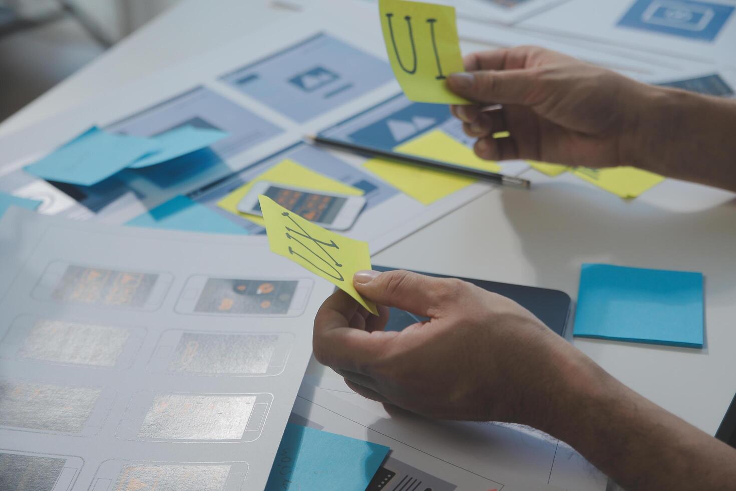 ux Graphic designer creative sketch planning application process development prototype wireframe for web mobile phone . User experience concept. photo