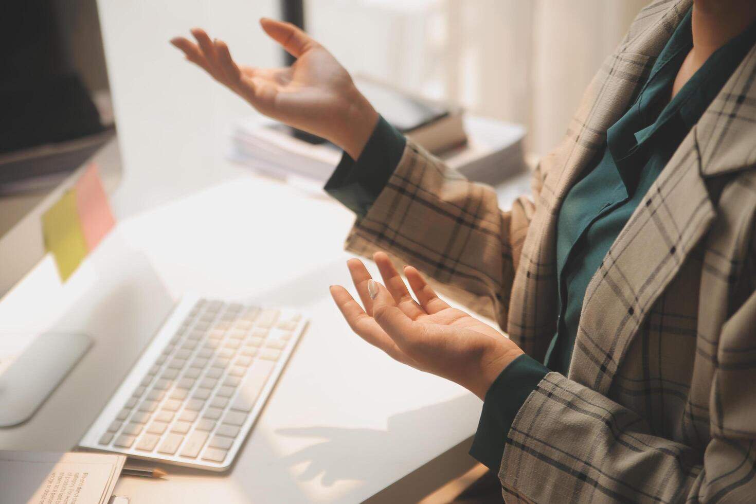 Call center, computer and business with woman in office for customer service, technical support and advice. Technology, contact us and communication with employee operator in help desk agency photo