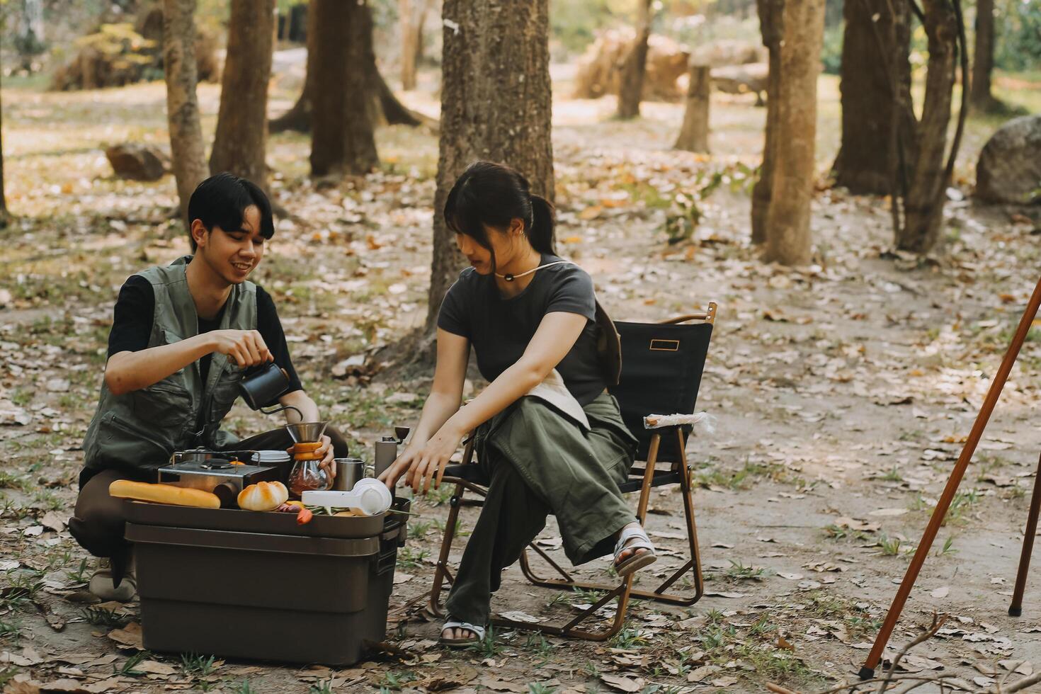 Asian couple sweet in tent inside on they camping trip, traveller relax and sleep togather in out door and camping trip photo