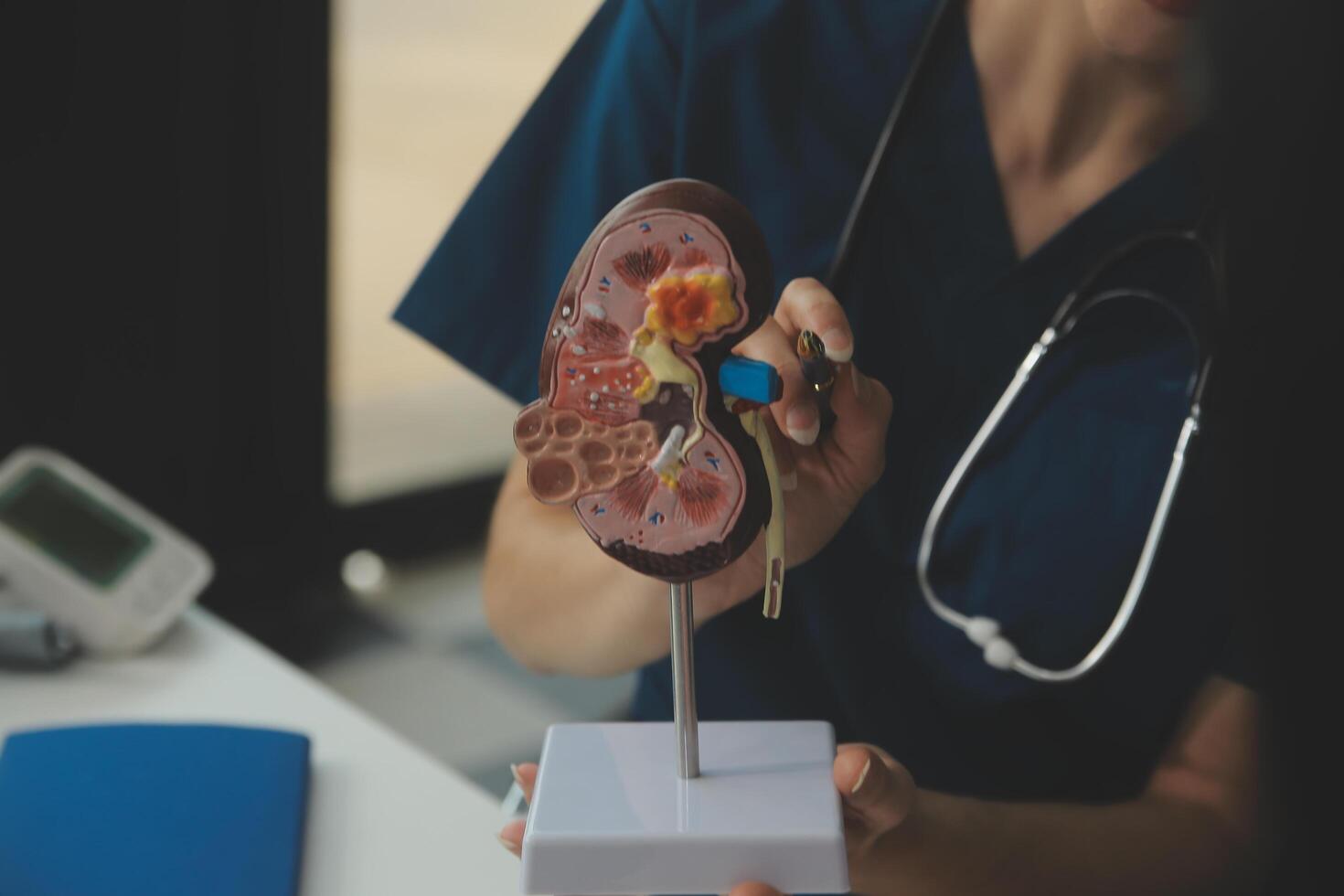 Doctor showing internal organs in 3d human model. Woman with stethoscope in lab coat sitting at table with laptop and talking about people anatomy. Health care and medical education concept. photo
