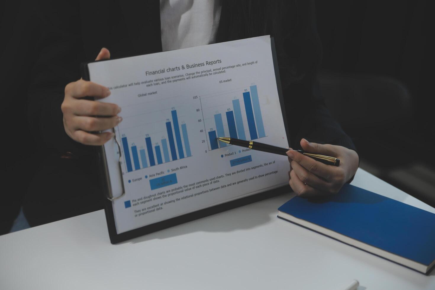 Business team collaboration discussing working analyzing with financial data and marketing growth report graph in team, presentation and brainstorming to strategy planning making profit of company. photo