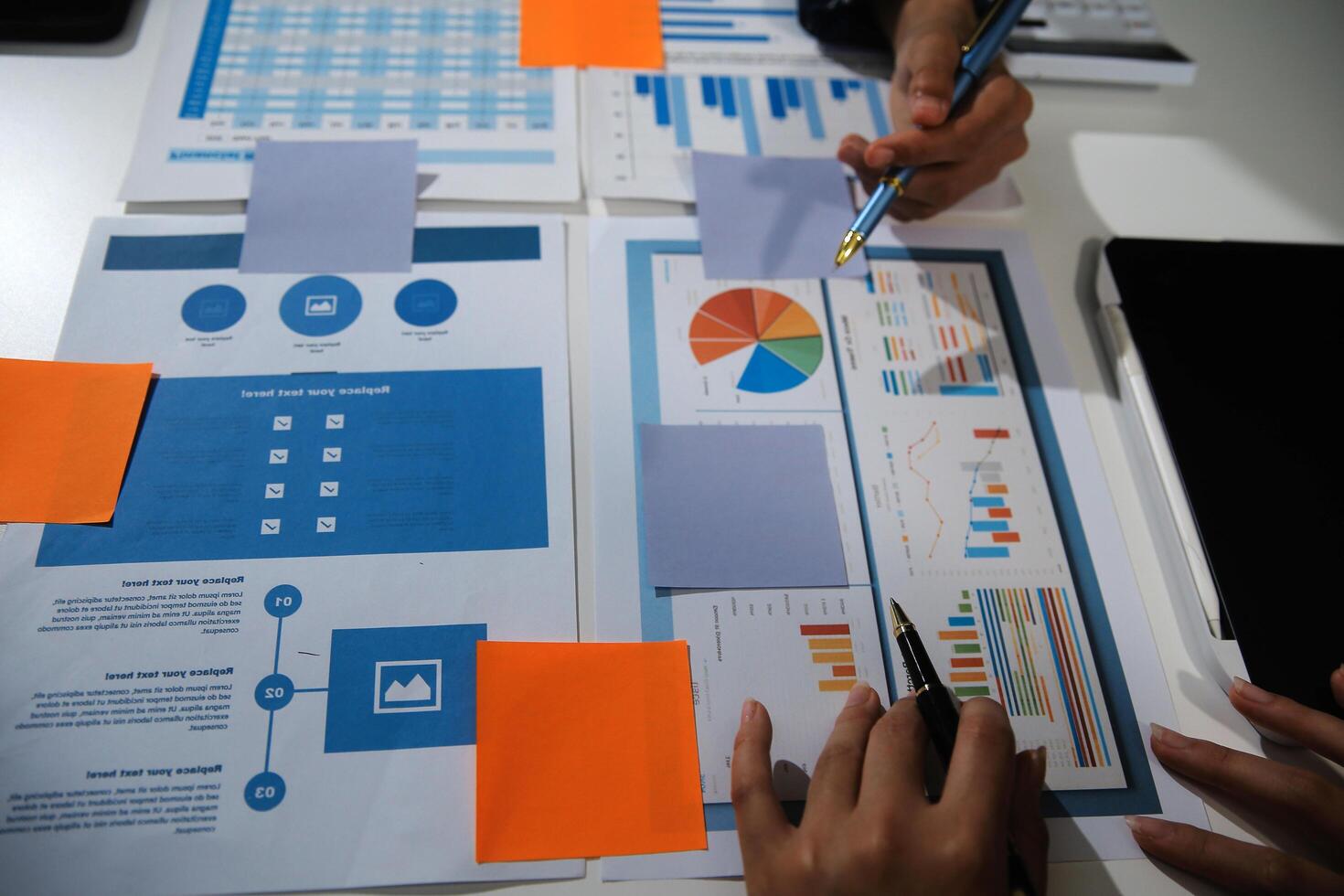 Business team collaboration discussing working analyzing with financial data and marketing growth report graph in team, presentation and brainstorming to strategy planning making profit of company. photo
