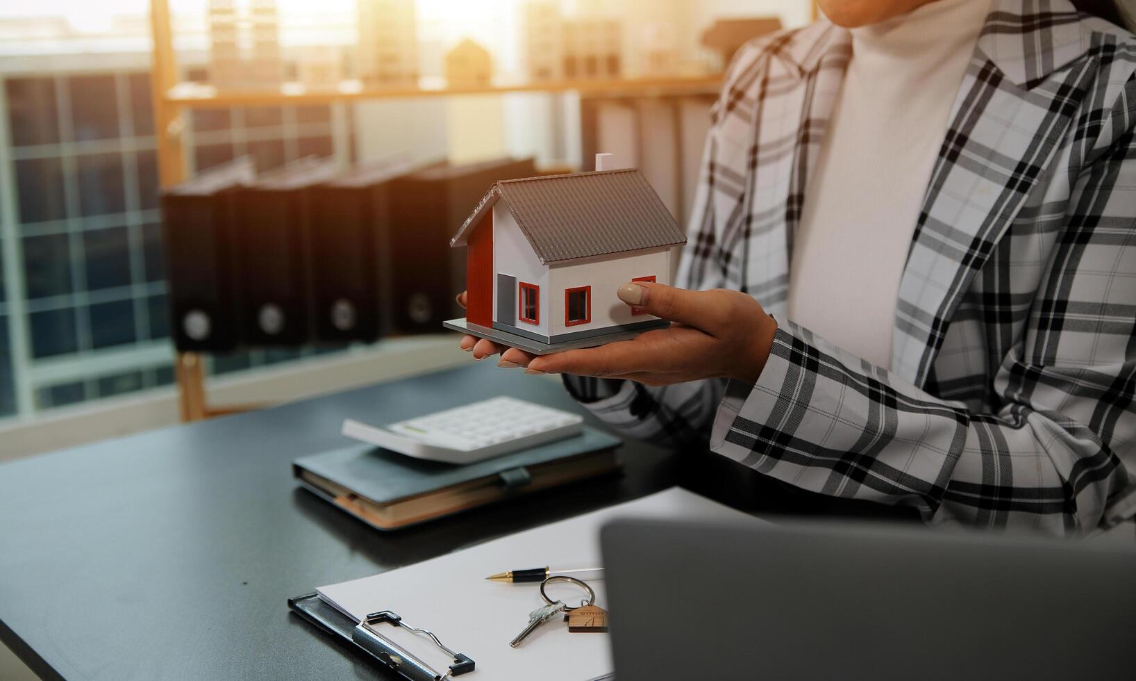 buy or sell real estate mortgage, Sale representative offer house purchase contract to buy a house or apartment and mortgage Money and Financial Concepts photo
