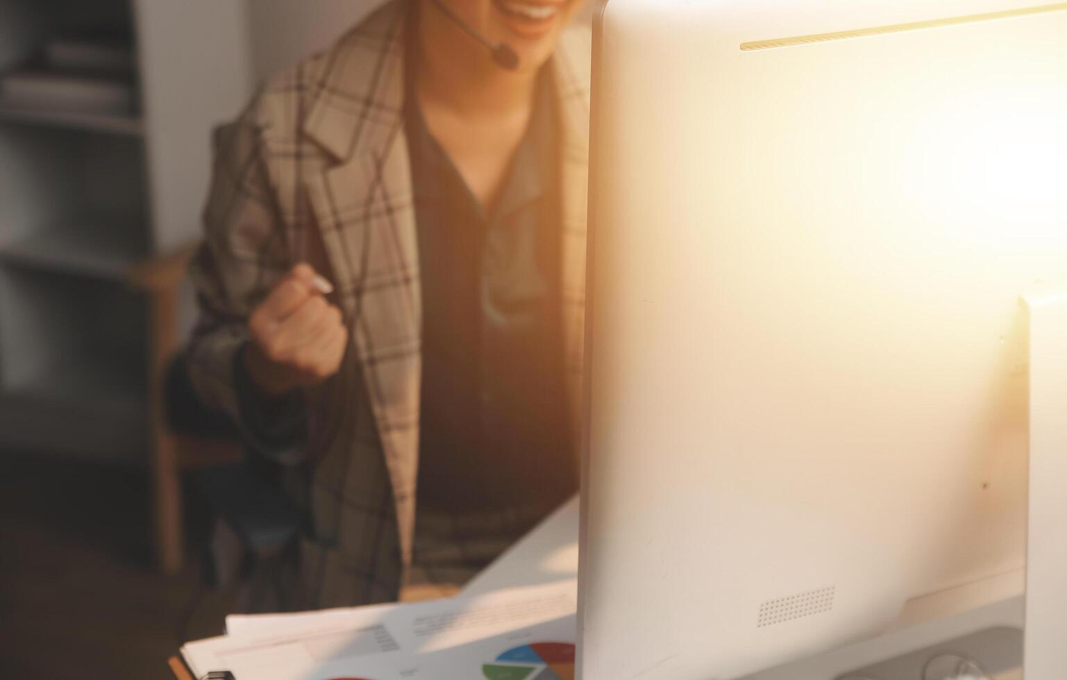 Call center, computer and business with woman in office for customer service, technical support and advice. Technology, contact us and communication with employee operator in help desk agency photo