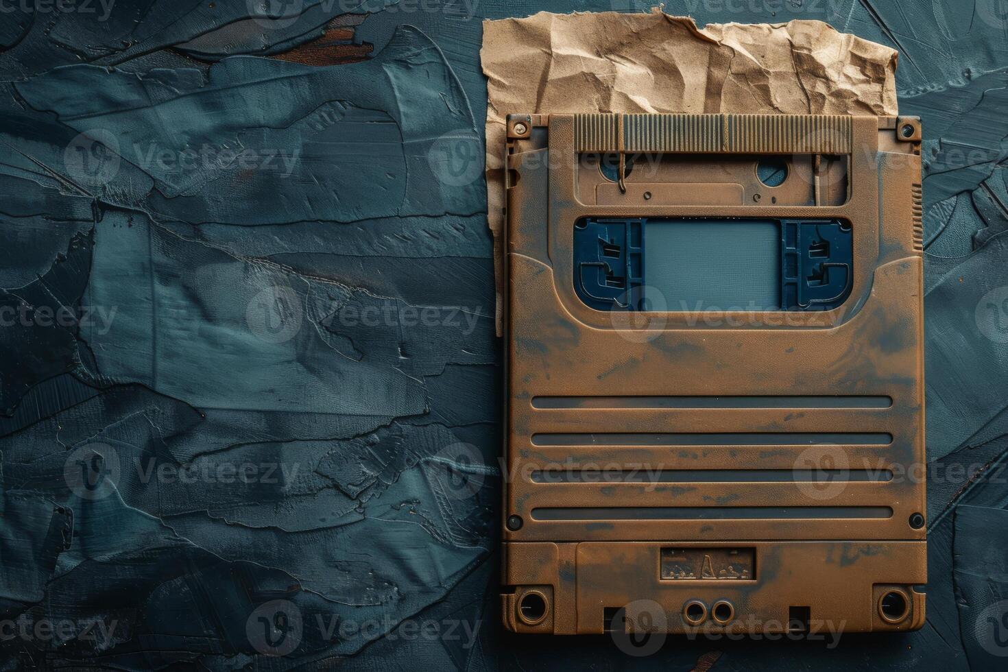 Banner with old floppy disk on blue background, copy space photo