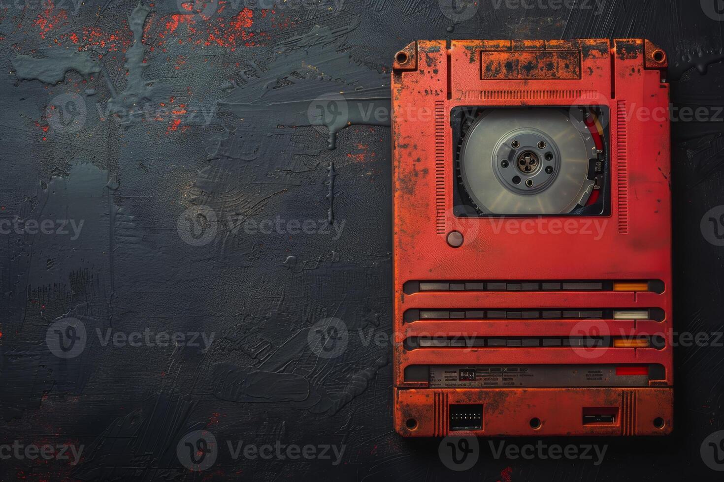 Top view of old floppy disk on black background, copy space photo