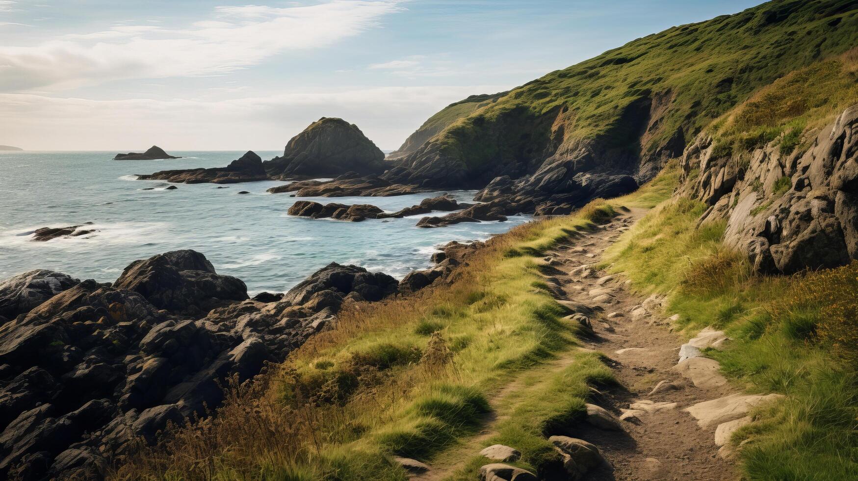 Path along rugged coast reveals secluded cove. photo