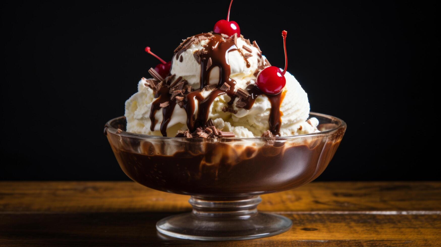 Close-up velvety indulgent hot fudge sundae photo