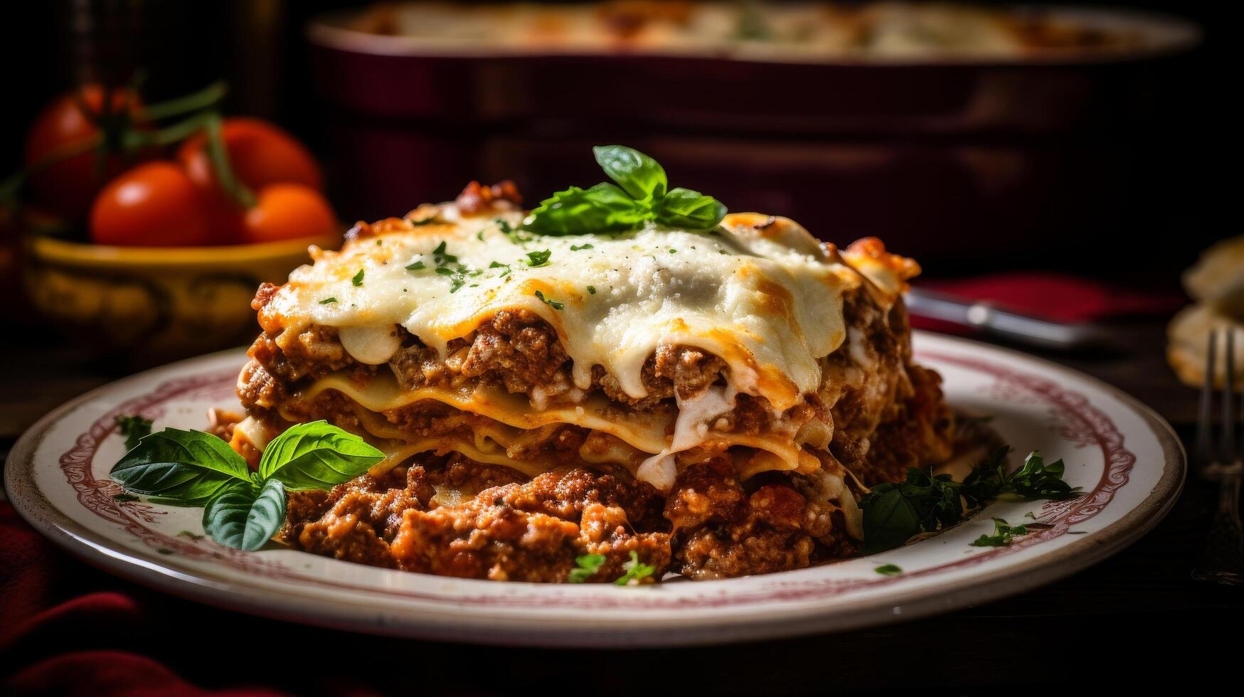 Platter of rich and cheesy Italian lasagna photo