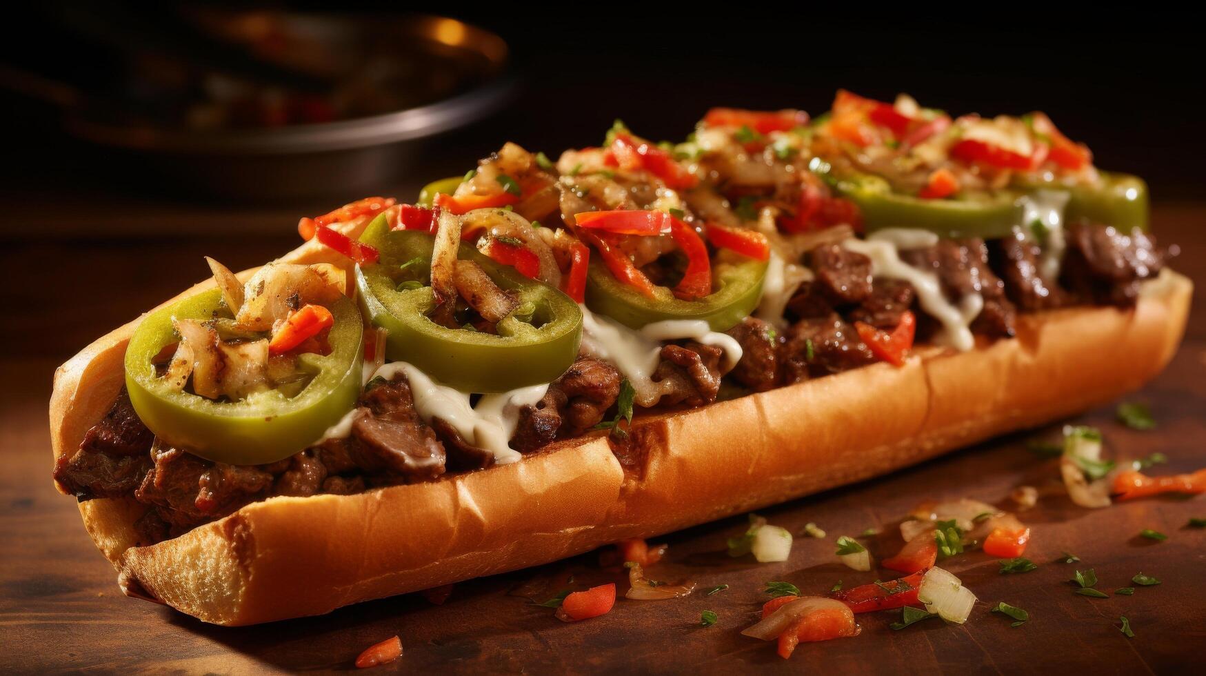 Close-up of sizzling Philly cheesesteak photo