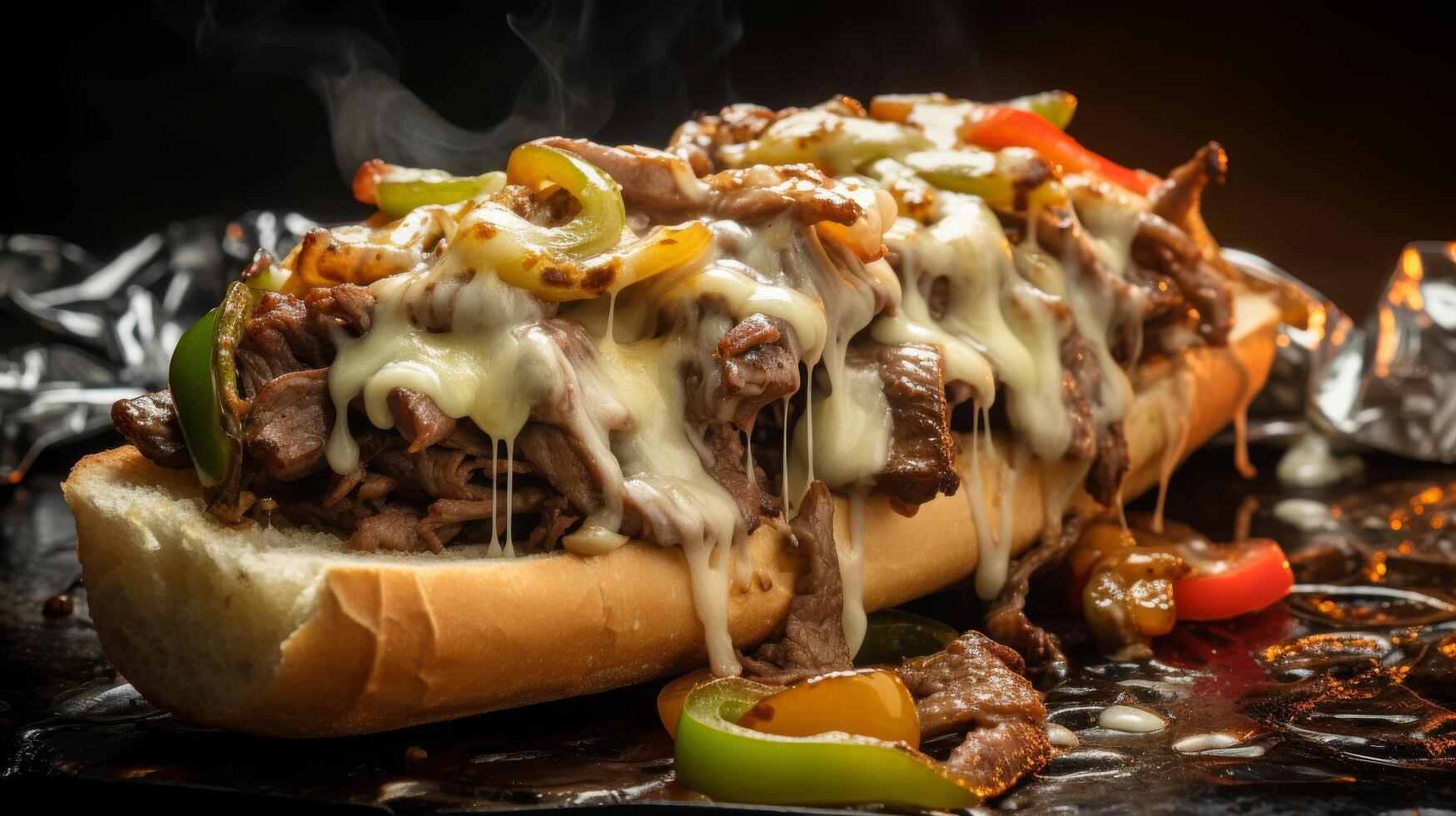 Steaming Philly cheesesteak, close-up photo