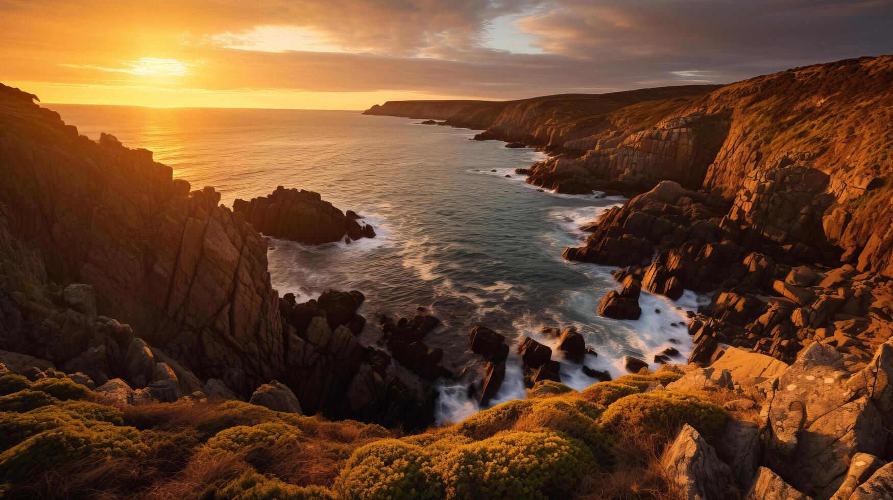 Rugged headland illuminated by golden glow. photo