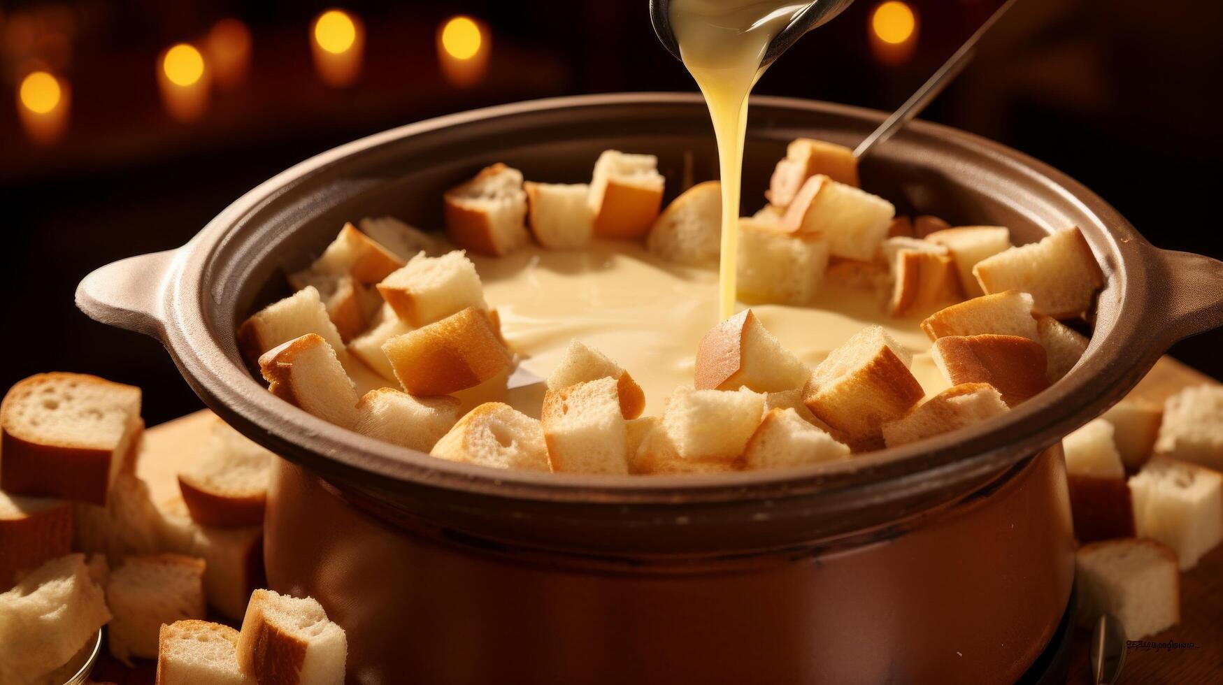 Close-up bubbling Swiss fondue pot photo