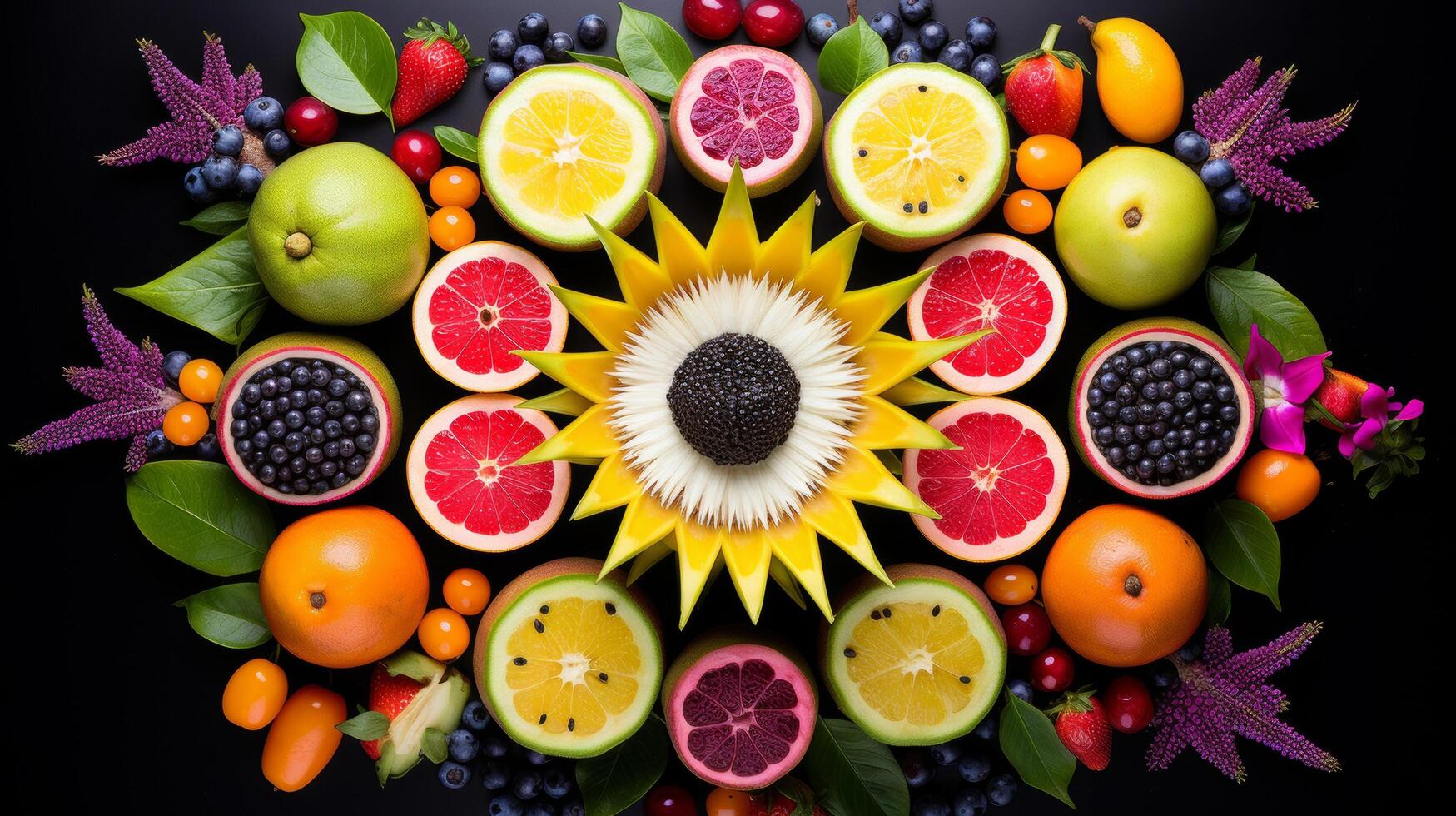 Symmetrical arrangement colorful exotic fruit photo
