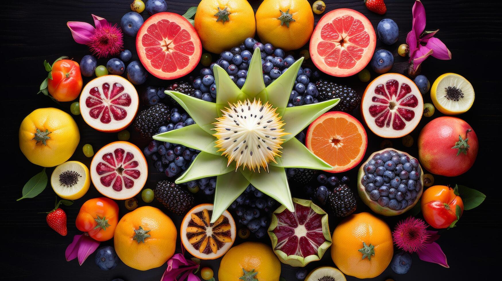 Symmetrical arrangement exotic colorful fruit photo