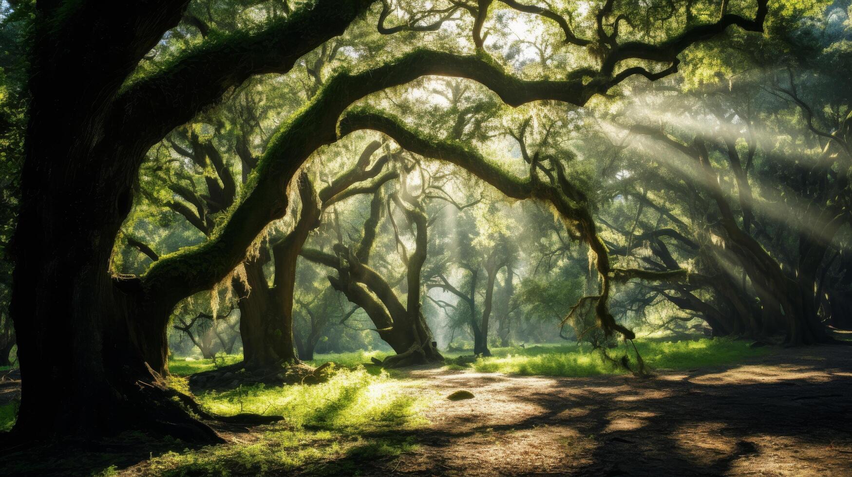 Ancient oaks bathed in sunlight photo