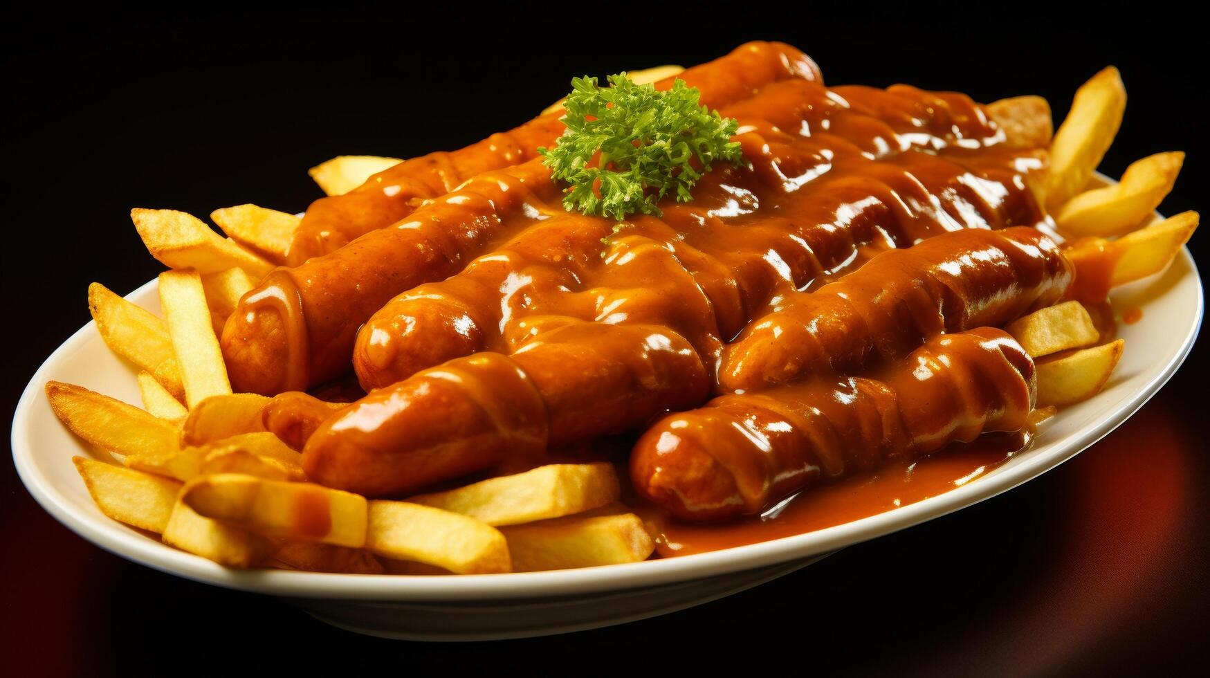 Appetizing currywurst served with rich curry sauce photo