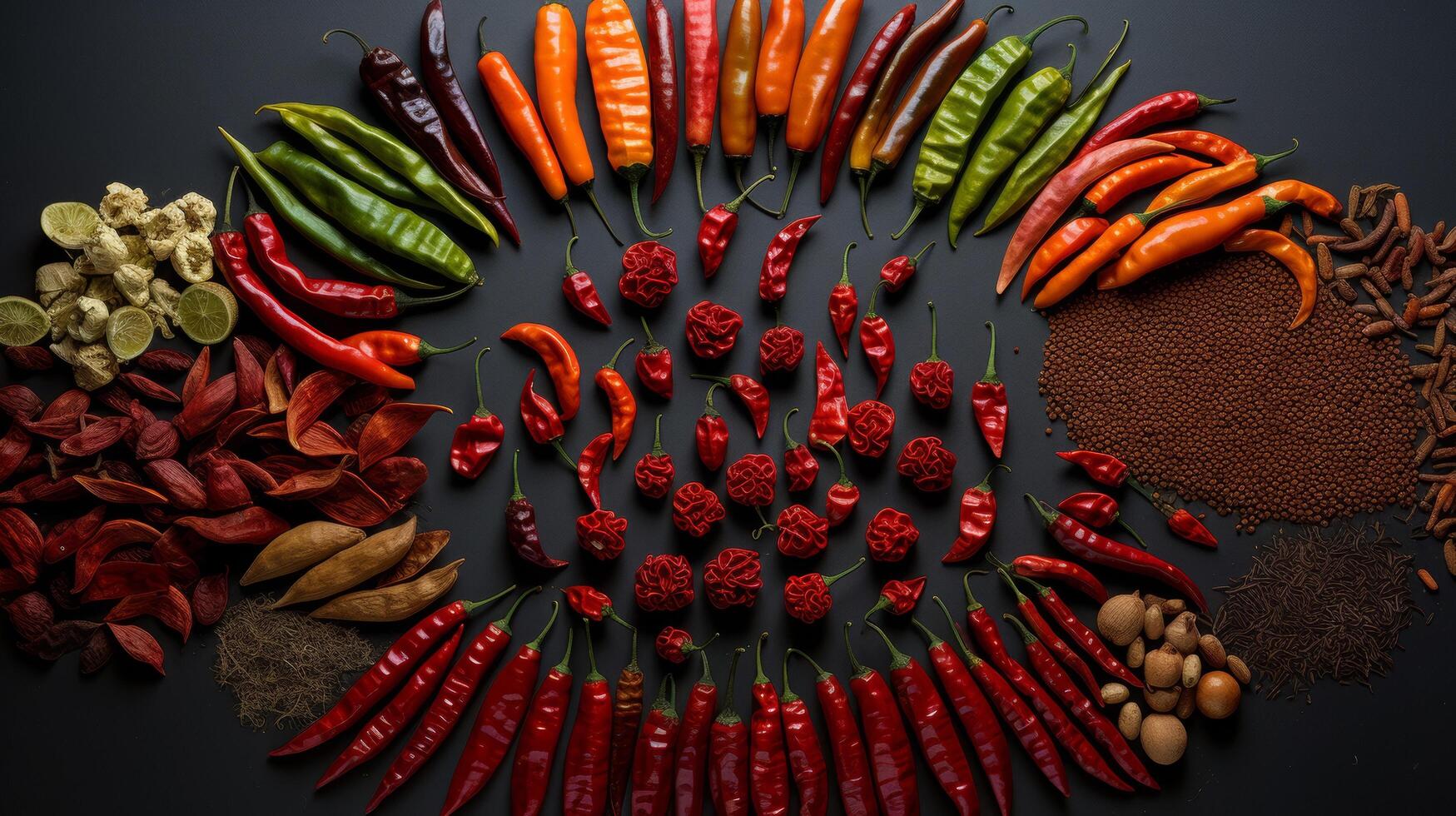 Symmetrical variety fresh dried chilies photo