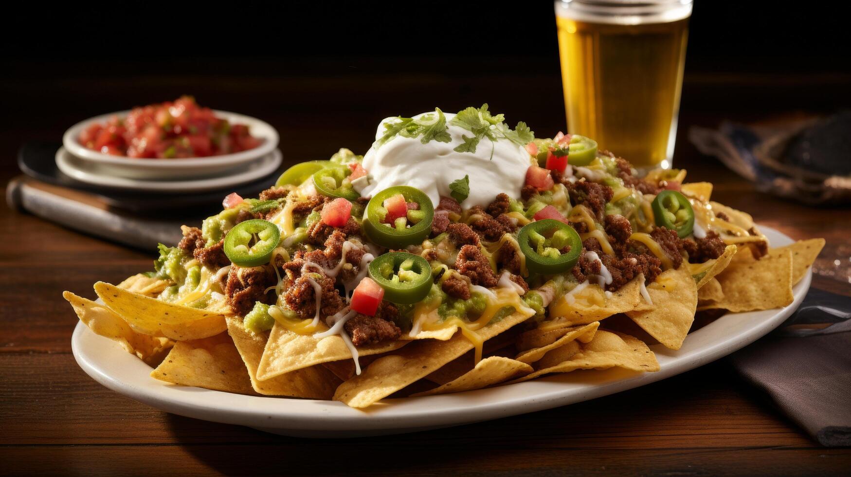 Plate of piled nachos topped with cheese and guacamole photo