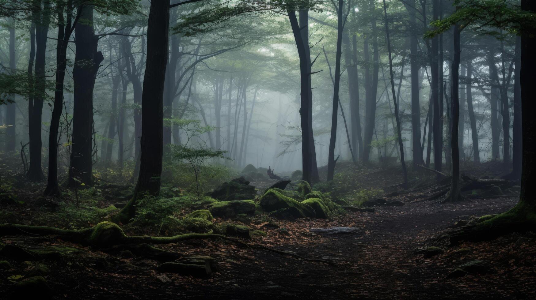 Forest enveloped in morning mist. photo