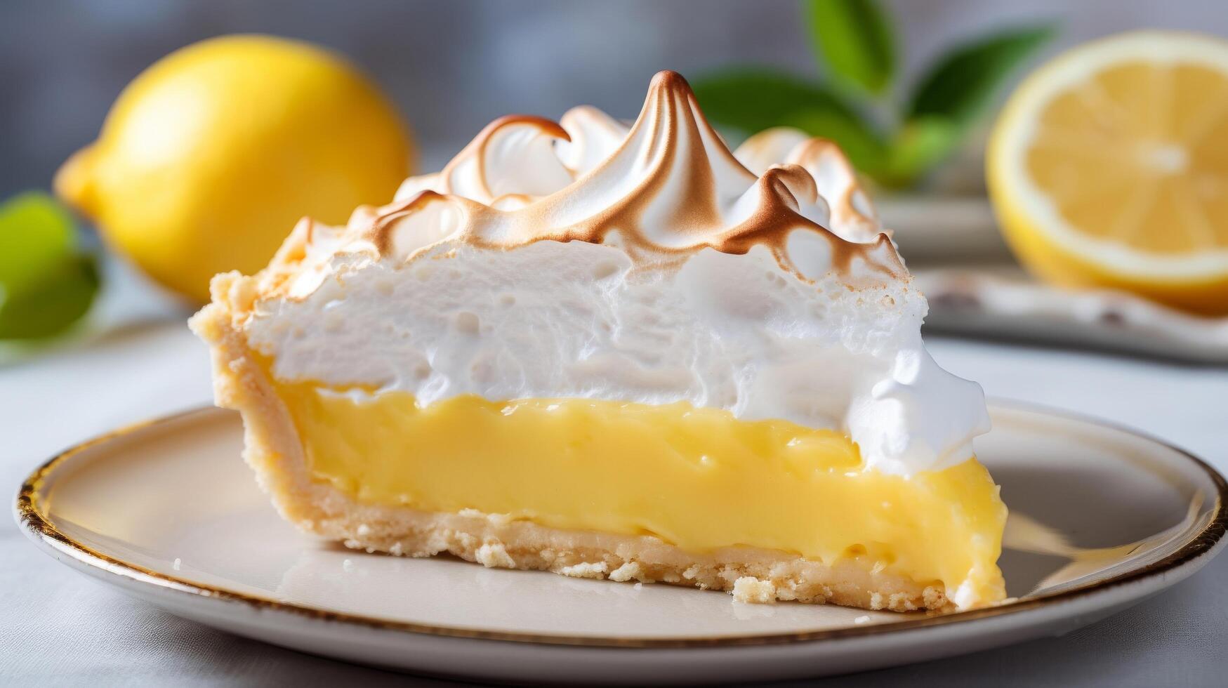 Close-up view of decadent slice of lemon meringue pie photo