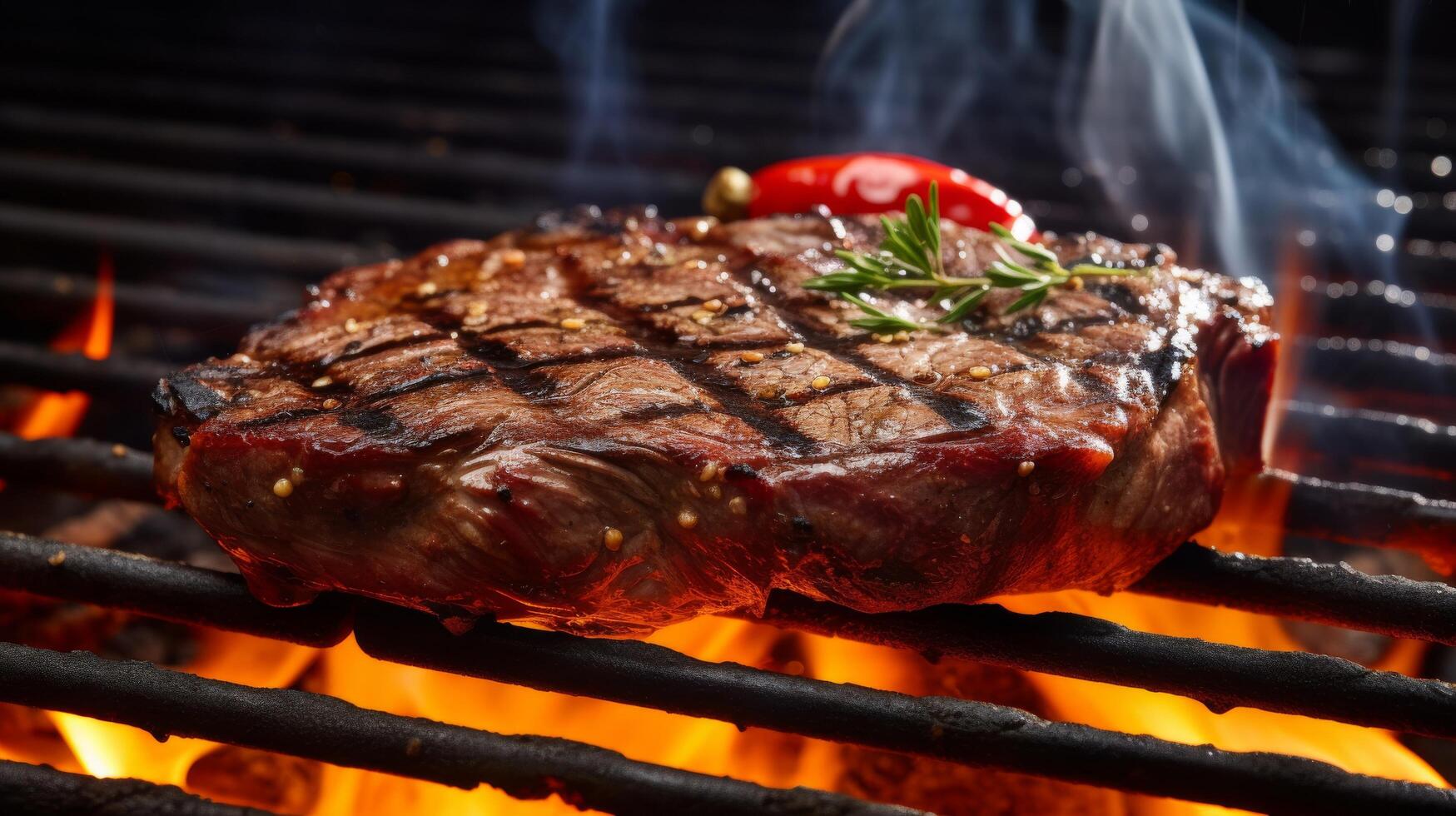 Juicy steak searing on a hot grill photo