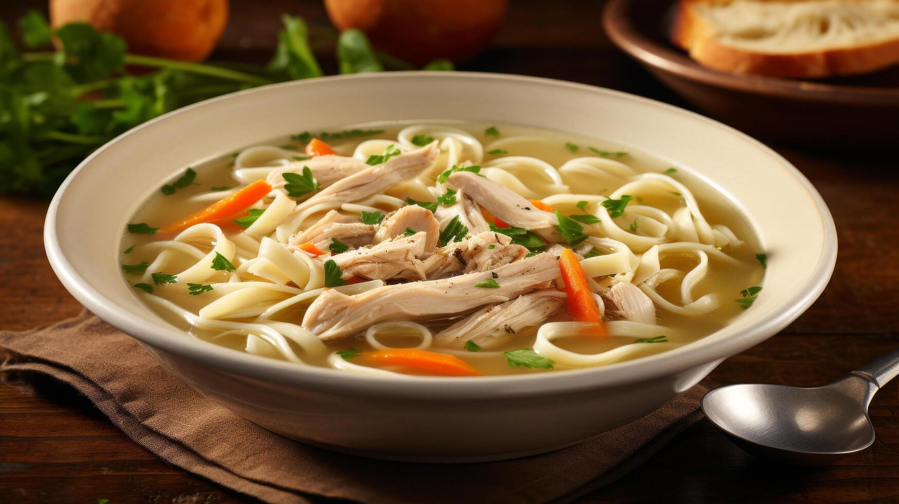Warm bowl of comforting chicken noodle soup photo