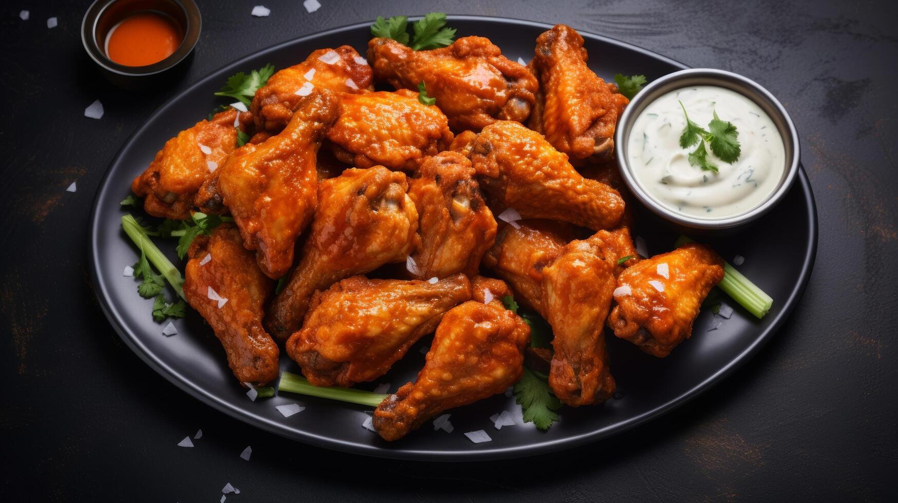 Plate of deliciously spicy chicken wings photo