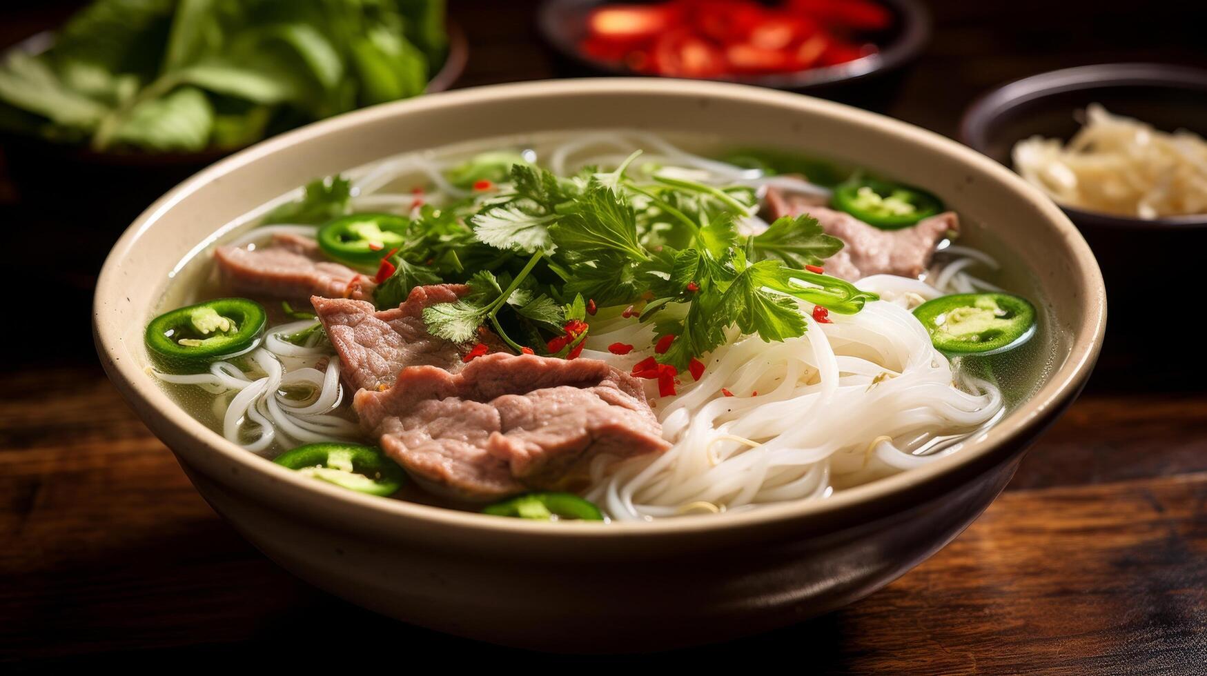 Close-up of steaming bowl of pho photo