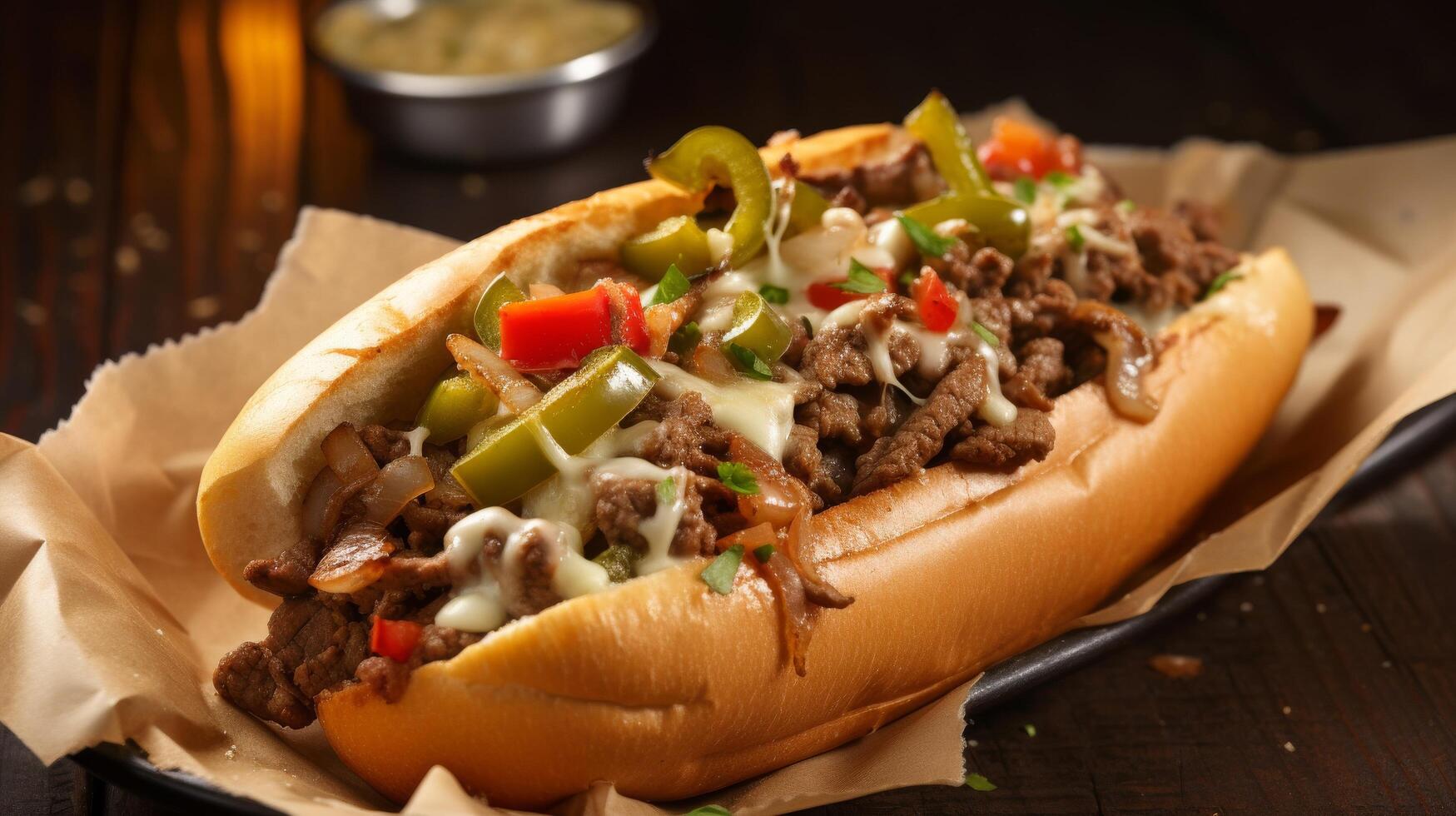 Close-up view of sizzling and flavorful Philly cheesesteak photo