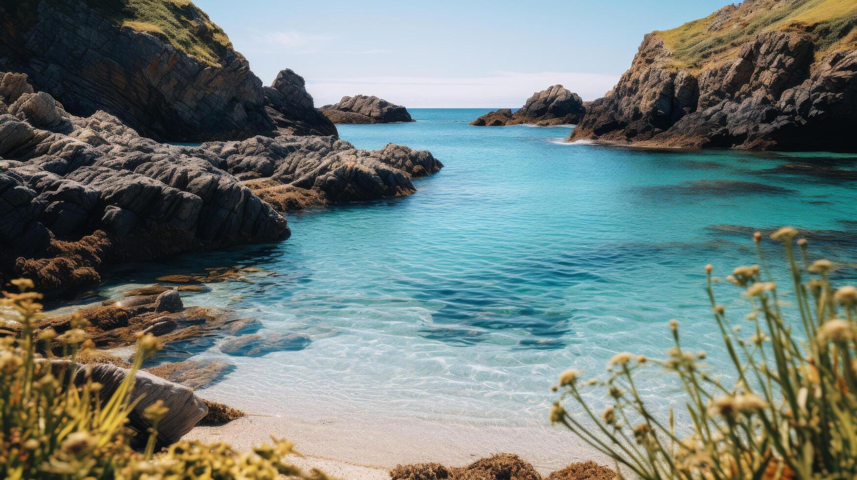 Secluded inlet boasts crystal-clear waters. photo
